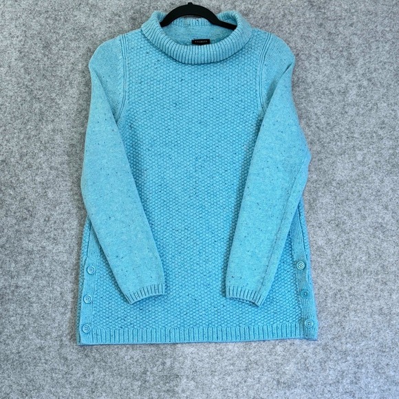 Talbots Turtleneck Sweater Womens Medium Teal Confetti Knit Button Side Cozy - Picture 2 of 10